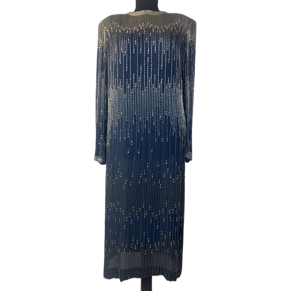 Vintage Victoria Royal Ltd Blue Beaded/Rhinestone Dress Eveningwear 60's Size 10